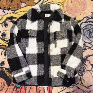 Kids Plaid Sherpa Jacket in Black and White